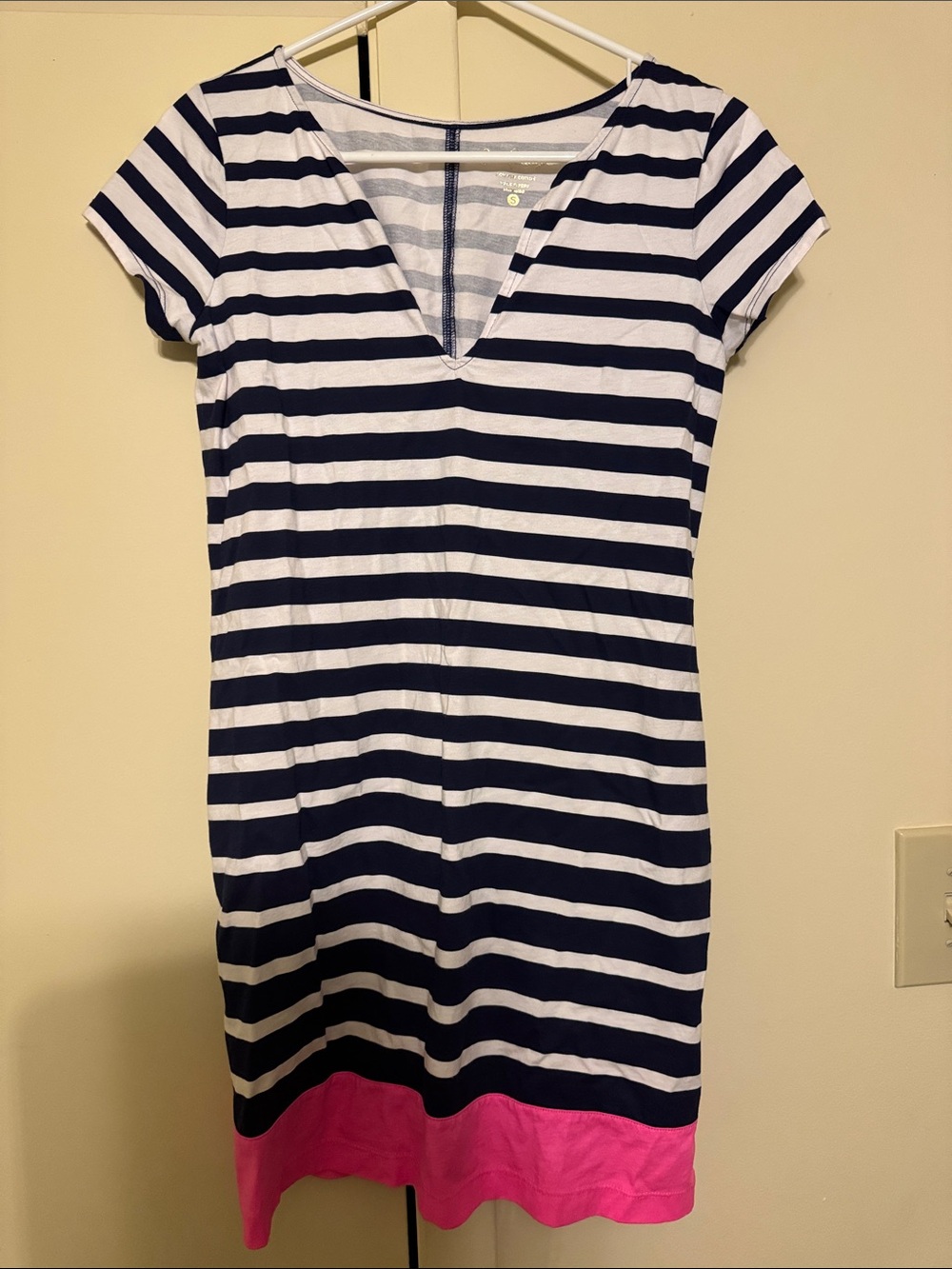 Striped Navy & White V-Neck Dress with Pink Hem